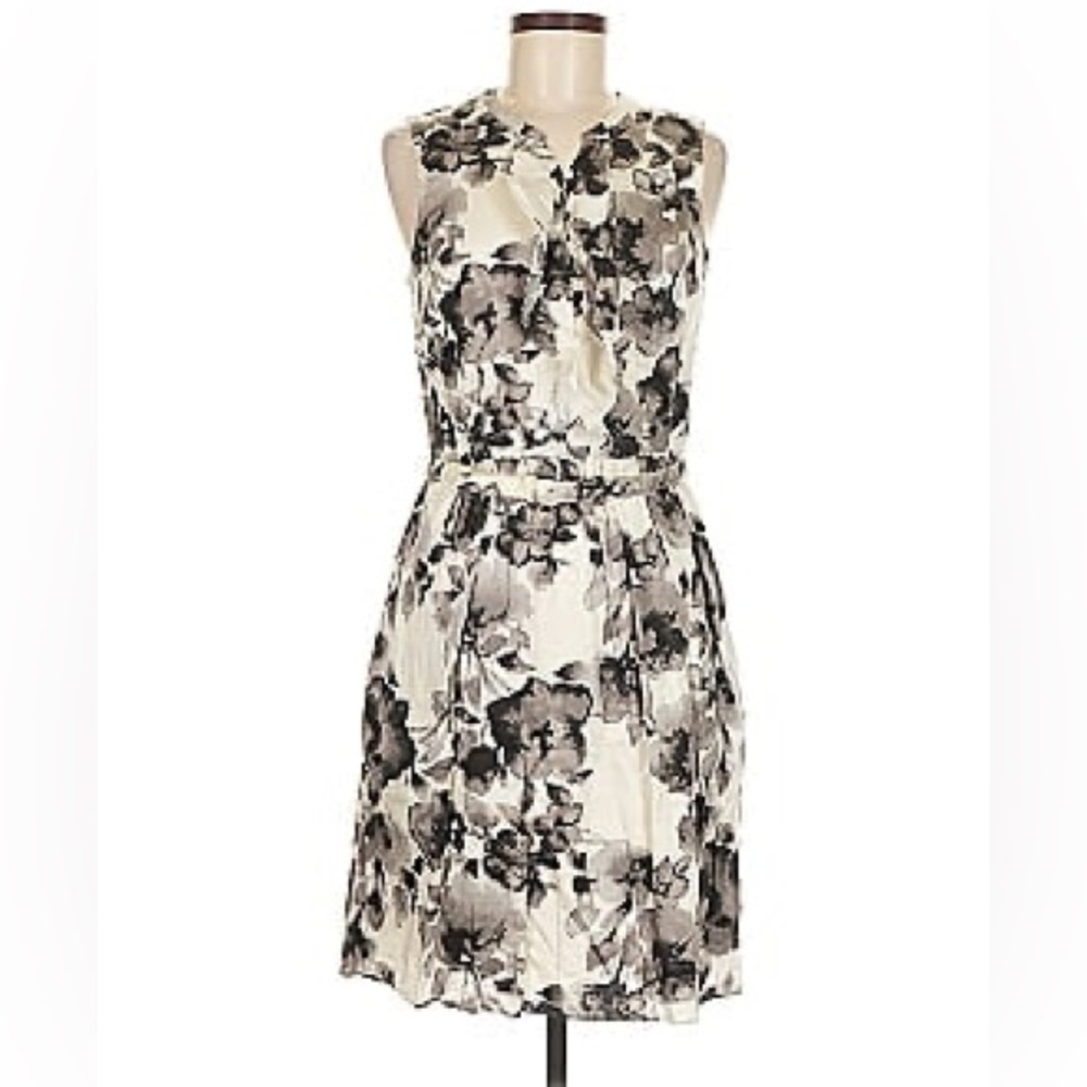 LOFT Floral Sleeveless Cotton Midi Dress Size 8 Black Cream Ruffle Belted